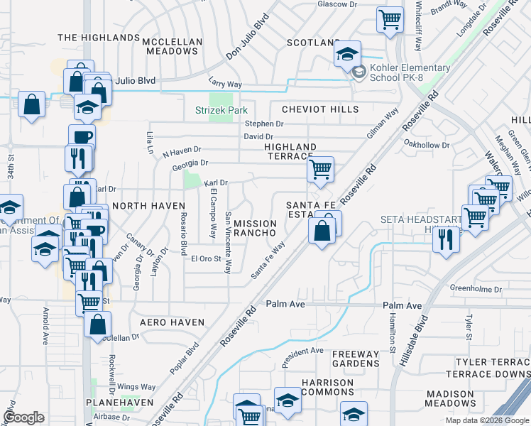 map of restaurants, bars, coffee shops, grocery stores, and more near 5744 Rio Verde Way in North Highlands