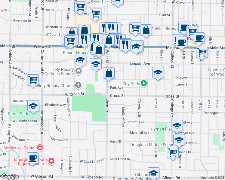 map of restaurants, bars, coffee shops, grocery stores, and more near 1-19 Park Avenue in Woodland