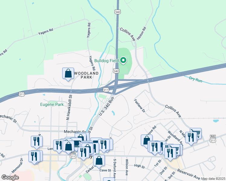 map of restaurants, bars, coffee shops, grocery stores, and more near 1806 Lee Highway in Luray