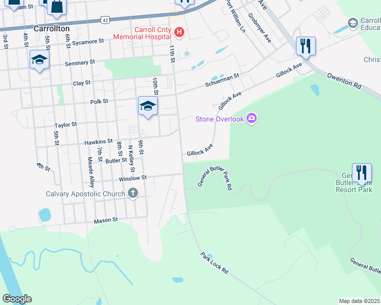 map of restaurants, bars, coffee shops, grocery stores, and more near 1100-1282 Gillock Avenue in Carrollton