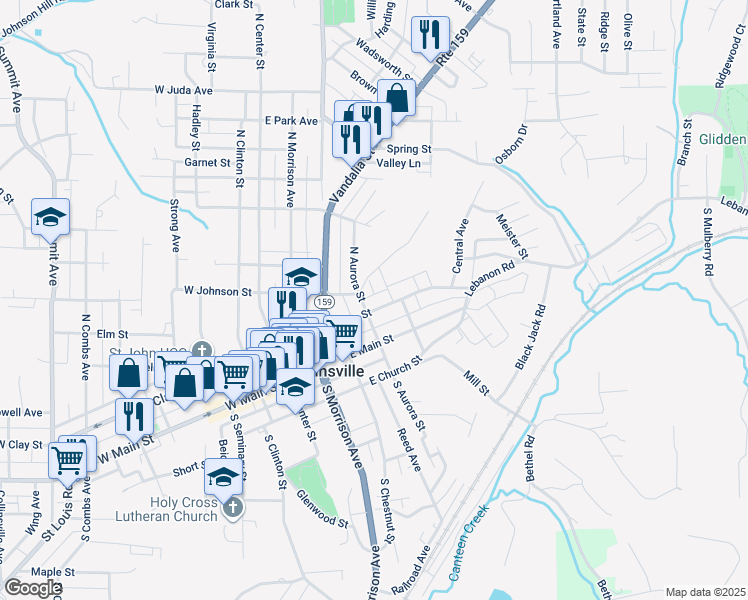map of restaurants, bars, coffee shops, grocery stores, and more near 215 Harrison Street in Collinsville