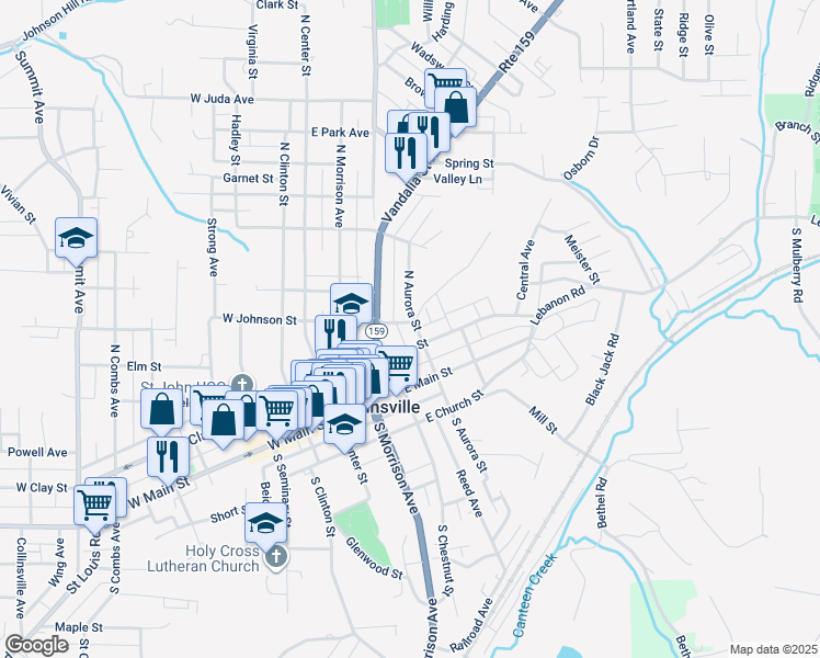 map of restaurants, bars, coffee shops, grocery stores, and more near 307 East Johnson Street in Collinsville