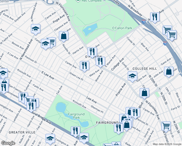 map of restaurants, bars, coffee shops, grocery stores, and more near 4534 Alice Avenue in St. Louis