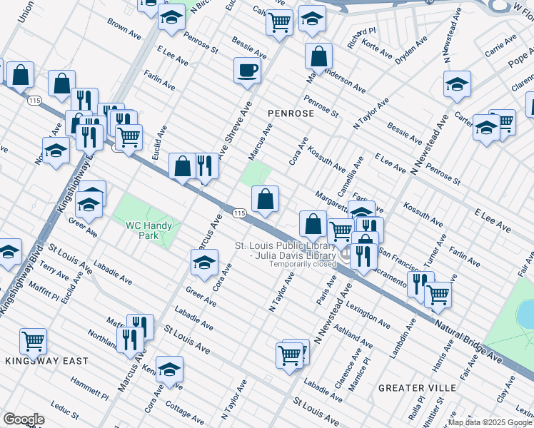 map of restaurants, bars, coffee shops, grocery stores, and more near 4621 Sacramento Avenue in St. Louis