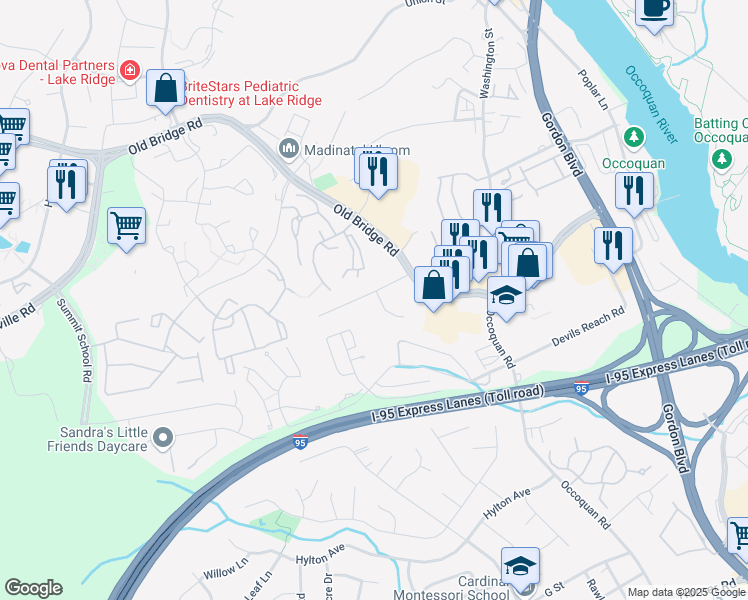 map of restaurants, bars, coffee shops, grocery stores, and more near 1650 Georges Knoll Court in Woodbridge