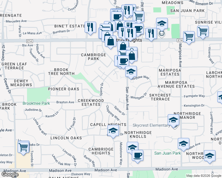 map of restaurants, bars, coffee shops, grocery stores, and more near 7249 Castilian Court in Citrus Heights