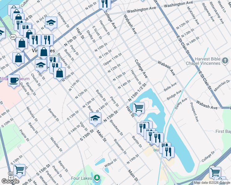 map of restaurants, bars, coffee shops, grocery stores, and more near 1315 Hart St in Vincennes
