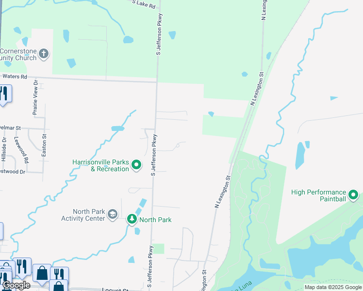 map of restaurants, bars, coffee shops, grocery stores, and more near 2607 South Jefferson Parkway in Harrisonville
