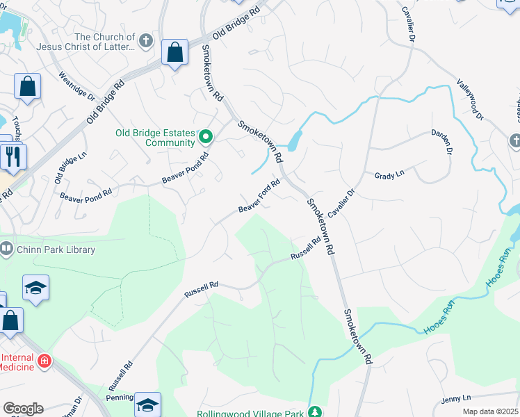 map of restaurants, bars, coffee shops, grocery stores, and more near 3615 Beaver Ford Road in Woodbridge