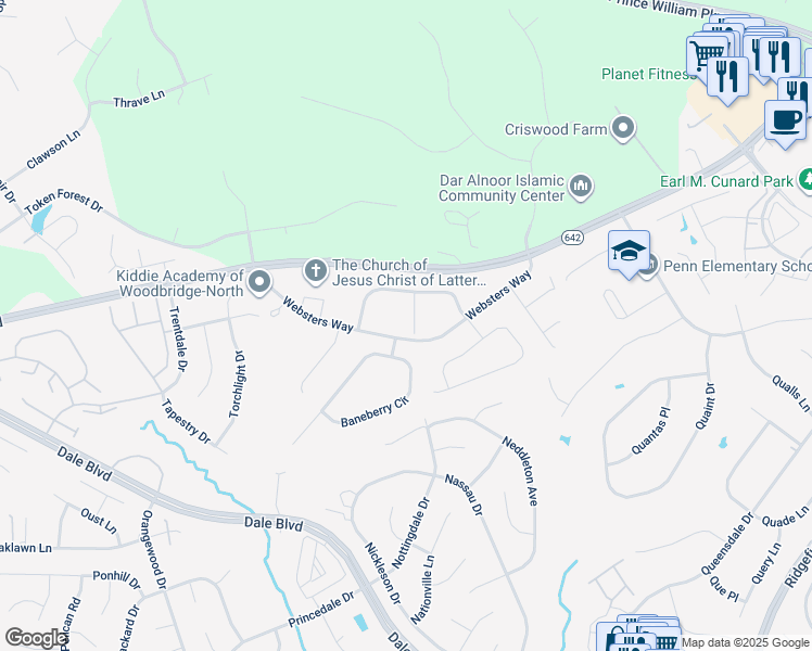 map of restaurants, bars, coffee shops, grocery stores, and more near 5655 Hoadly View Court in Manassas