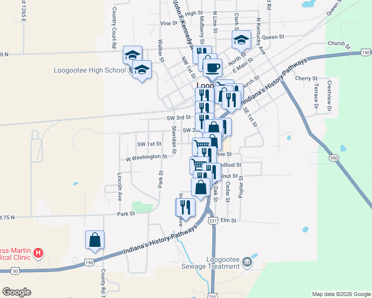 map of restaurants, bars, coffee shops, grocery stores, and more near 400 Southwest 1st Street in Loogootee