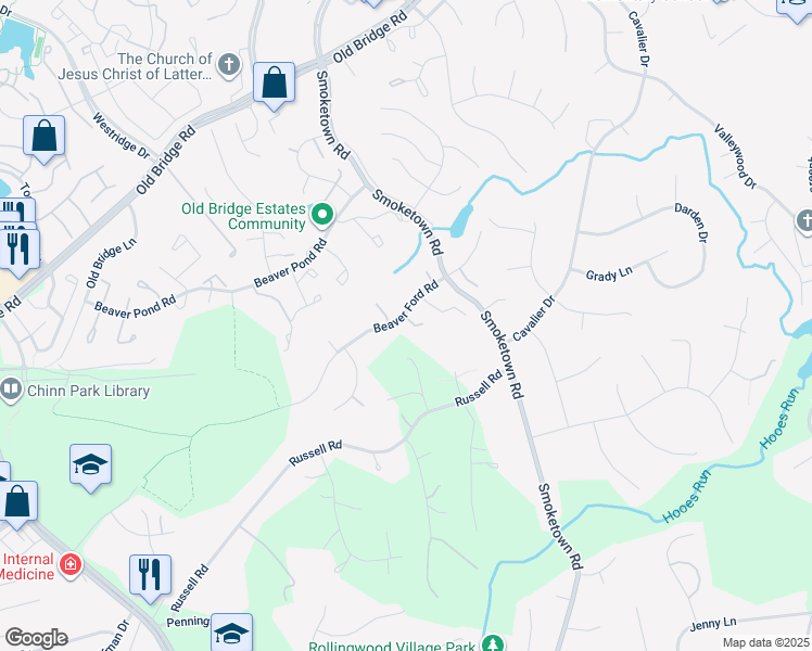 map of restaurants, bars, coffee shops, grocery stores, and more near 3615 Beaver Ford Road in Woodbridge