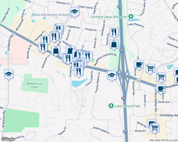 map of restaurants, bars, coffee shops, grocery stores, and more near 12330 Olive Boulevard in Creve Coeur