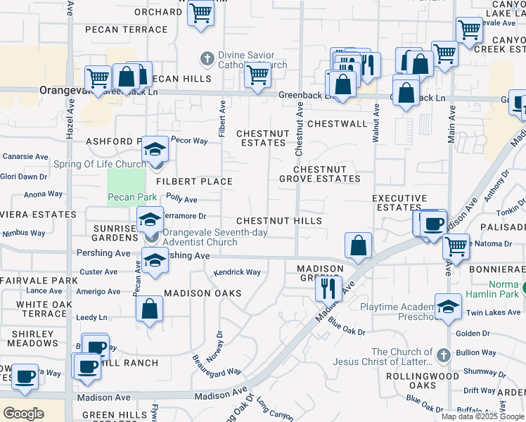map of restaurants, bars, coffee shops, grocery stores, and more near 5908 Rich Hill Drive in Orangevale