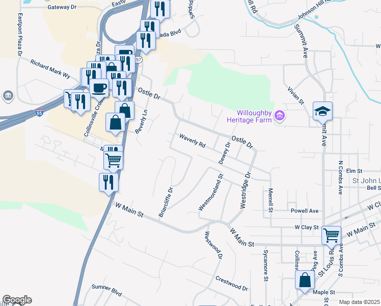 map of restaurants, bars, coffee shops, grocery stores, and more near 412 Ridgemont Road in Collinsville