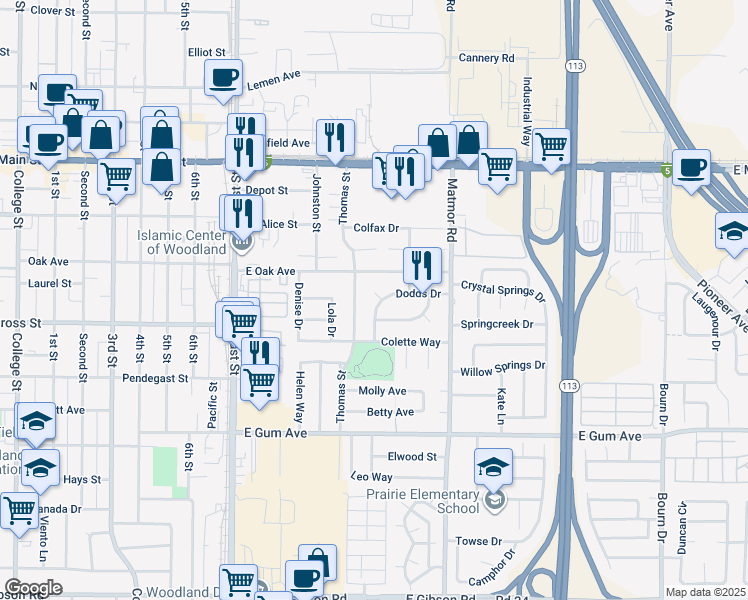 map of restaurants, bars, coffee shops, grocery stores, and more near 622 Dodds Dr in Woodland