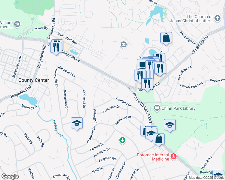 map of restaurants, bars, coffee shops, grocery stores, and more near 4349 Ridgewood Center Drive in Woodbridge