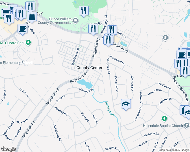 map of restaurants, bars, coffee shops, grocery stores, and more near 12045 Odion Lane in Woodbridge