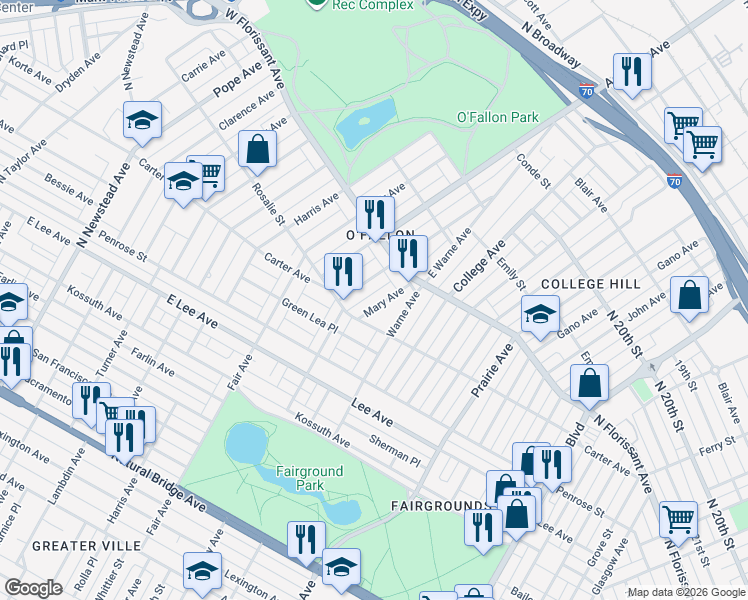 map of restaurants, bars, coffee shops, grocery stores, and more near 4534 Alice Avenue in St. Louis