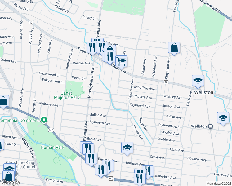 map of restaurants, bars, coffee shops, grocery stores, and more near 6845 Roberts Avenue in St. Louis