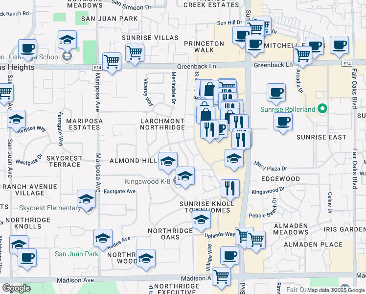 map of restaurants, bars, coffee shops, grocery stores, and more near 7793 Guenivere Way in Citrus Heights