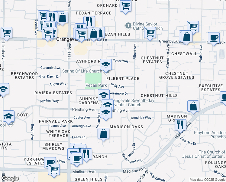 map of restaurants, bars, coffee shops, grocery stores, and more near 9021 Terramore Drive in Orangevale