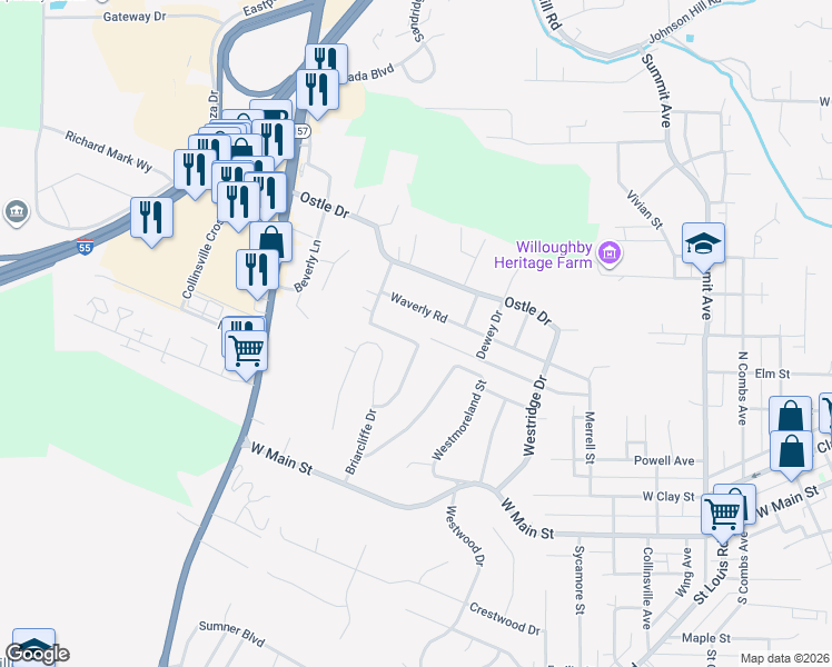 map of restaurants, bars, coffee shops, grocery stores, and more near 412 Ridgemont Road in Collinsville