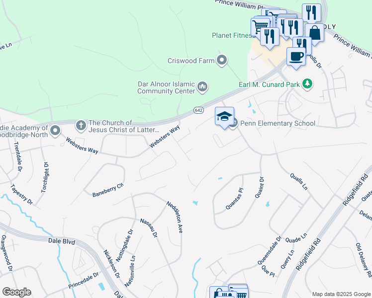 map of restaurants, bars, coffee shops, grocery stores, and more near 5518 Katy Ann Court in Manassas