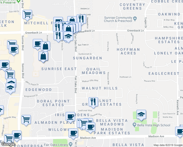 map of restaurants, bars, coffee shops, grocery stores, and more near 5907 Moss Creek Circle in Fair Oaks
