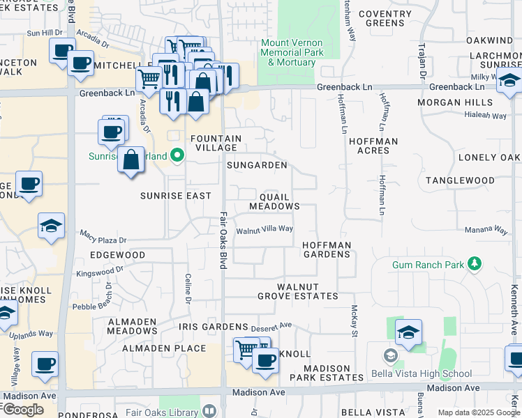 map of restaurants, bars, coffee shops, grocery stores, and more near 5907 Moss Creek Circle in Fair Oaks