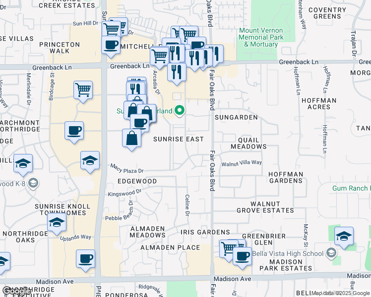 map of restaurants, bars, coffee shops, grocery stores, and more near 1B Sunrise Vista Drive in Citrus Heights