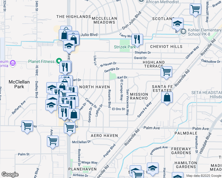 map of restaurants, bars, coffee shops, grocery stores, and more near 5809 Rosario Boulevard in North Highlands