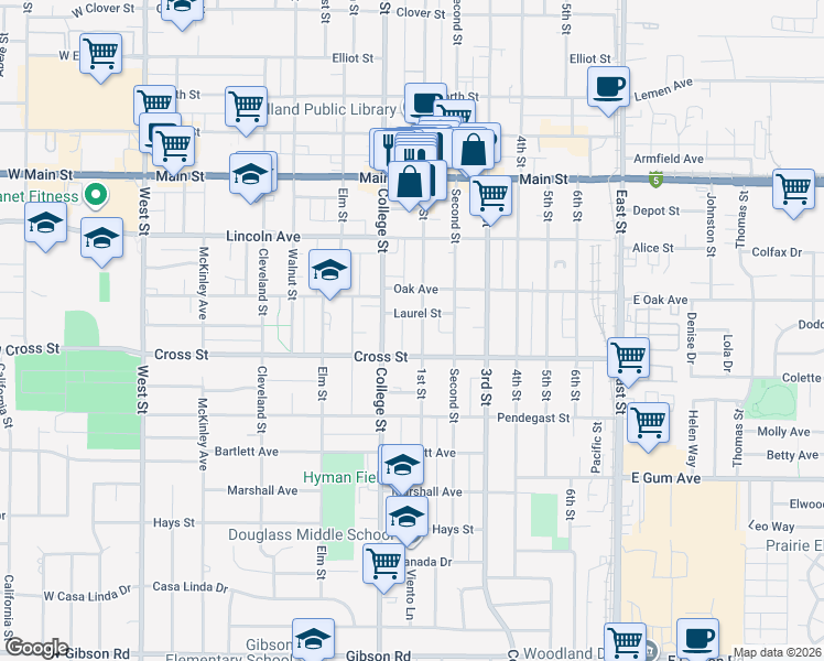 map of restaurants, bars, coffee shops, grocery stores, and more near 639 1st Street in Woodland