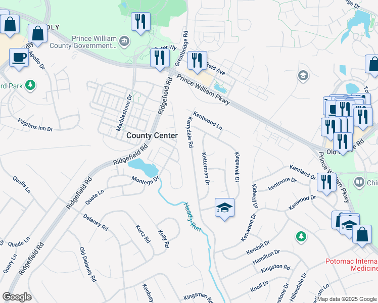 map of restaurants, bars, coffee shops, grocery stores, and more near 12914 Kerrydale Road in Woodbridge
