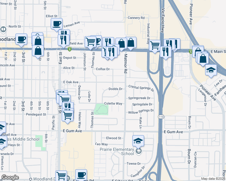 map of restaurants, bars, coffee shops, grocery stores, and more near 1384 Dodds Drive in Woodland