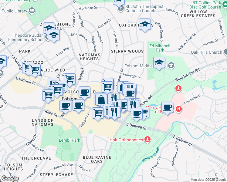 map of restaurants, bars, coffee shops, grocery stores, and more near 98 Montrose Drive in Folsom
