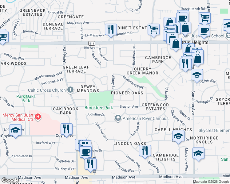 map of restaurants, bars, coffee shops, grocery stores, and more near 5956 Brooktree Drive in Citrus Heights