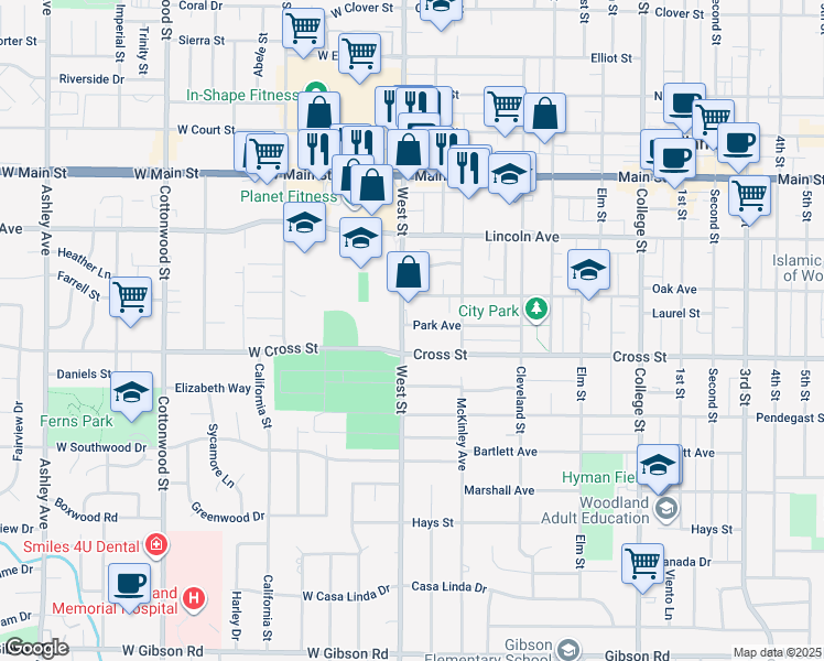 map of restaurants, bars, coffee shops, grocery stores, and more near 615 West Street in Woodland