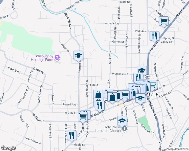 map of restaurants, bars, coffee shops, grocery stores, and more near 505 North Hesperia Street in Collinsville