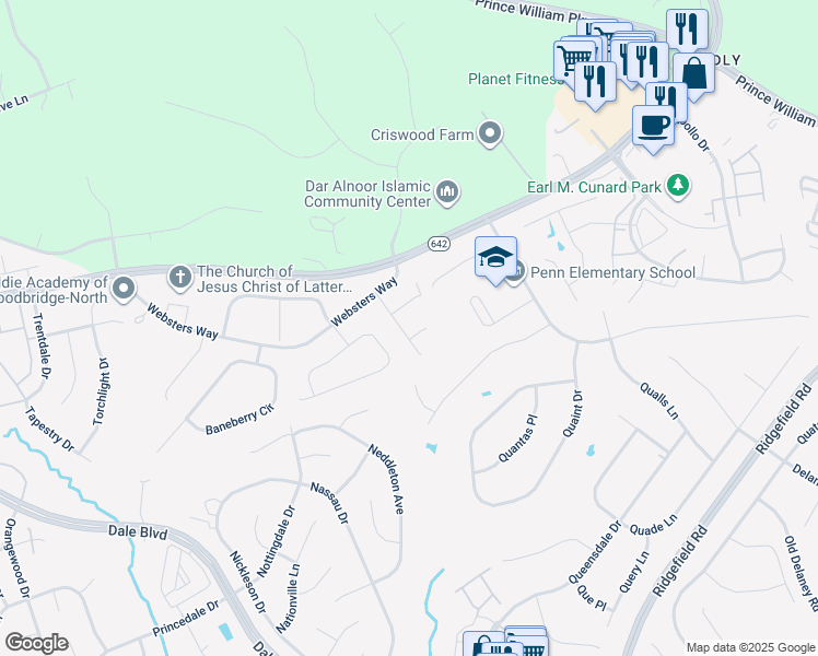 map of restaurants, bars, coffee shops, grocery stores, and more near 5518 Katy Ann Court in Manassas