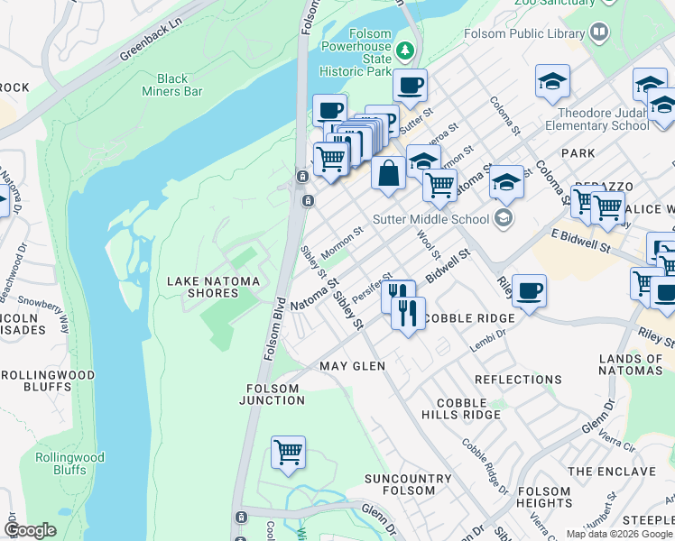 map of restaurants, bars, coffee shops, grocery stores, and more near 1000 Natoma Street in Folsom