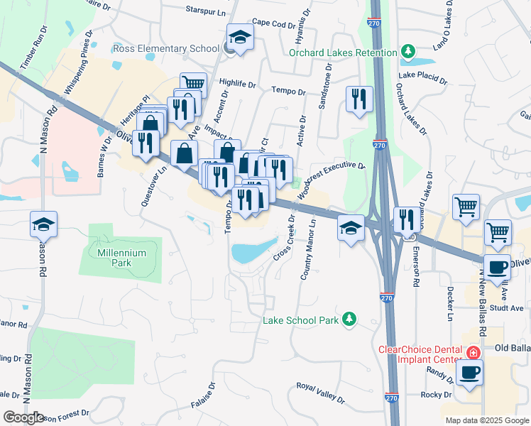 map of restaurants, bars, coffee shops, grocery stores, and more near 12320 Olive Boulevard in Creve Coeur