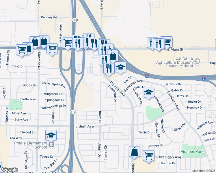 map of restaurants, bars, coffee shops, grocery stores, and more near 622 Laugenour Drive in Woodland