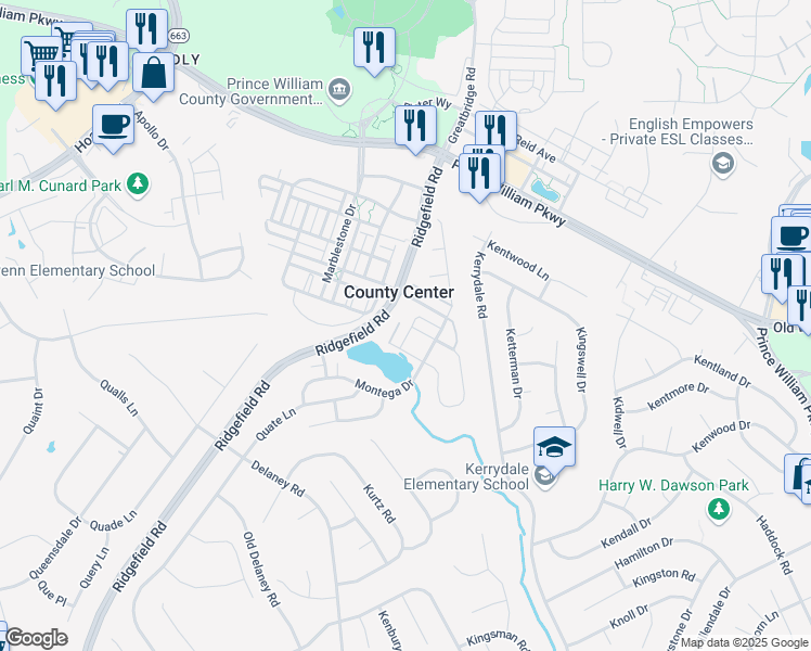 map of restaurants, bars, coffee shops, grocery stores, and more near 4850 Muscogee Lane in Woodbridge