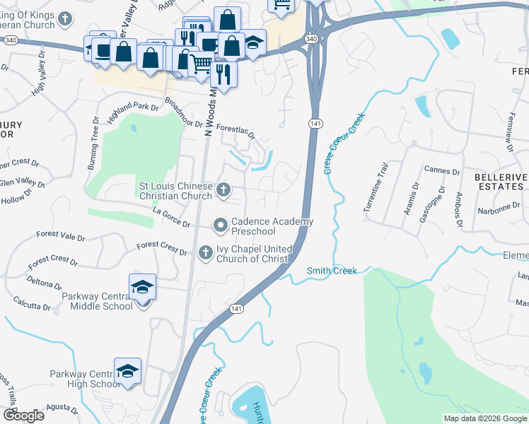 map of restaurants, bars, coffee shops, grocery stores, and more near 818 Walfield Court in St. Louis