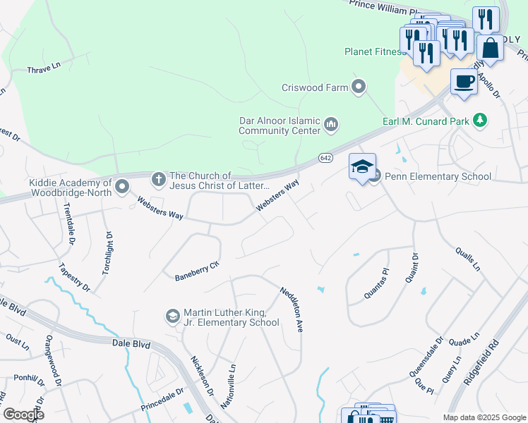 map of restaurants, bars, coffee shops, grocery stores, and more near 13001 Victory Ridge Place in Manassas