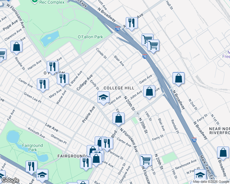 map of restaurants, bars, coffee shops, grocery stores, and more near 2018 East Prairie Avenue in St. Louis
