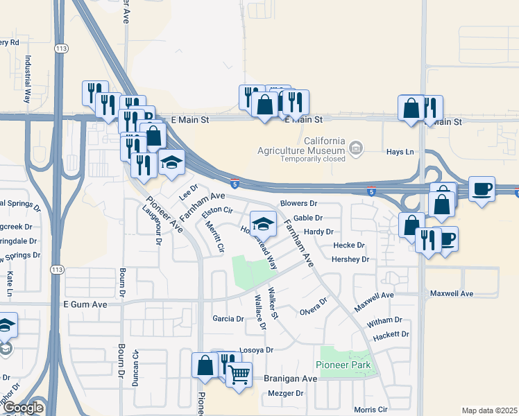 map of restaurants, bars, coffee shops, grocery stores, and more near 1812 Farnham Avenue in Woodland