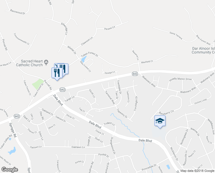 map of restaurants, bars, coffee shops, grocery stores, and more near 6072 Ticket Way in Woodbridge