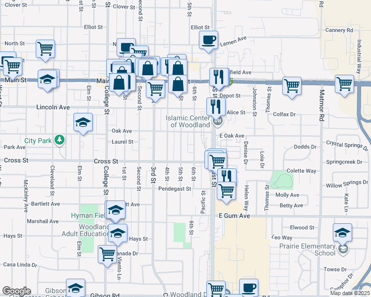 map of restaurants, bars, coffee shops, grocery stores, and more near 638 5th Street in Woodland